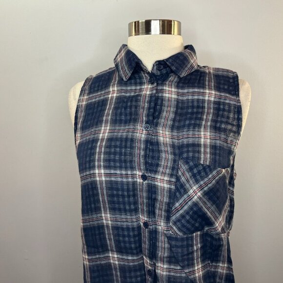 Elodie Women's Blue Plaid Cotton Assymetrical Shirt - Size Medium - NWT - Picture 2 of 4